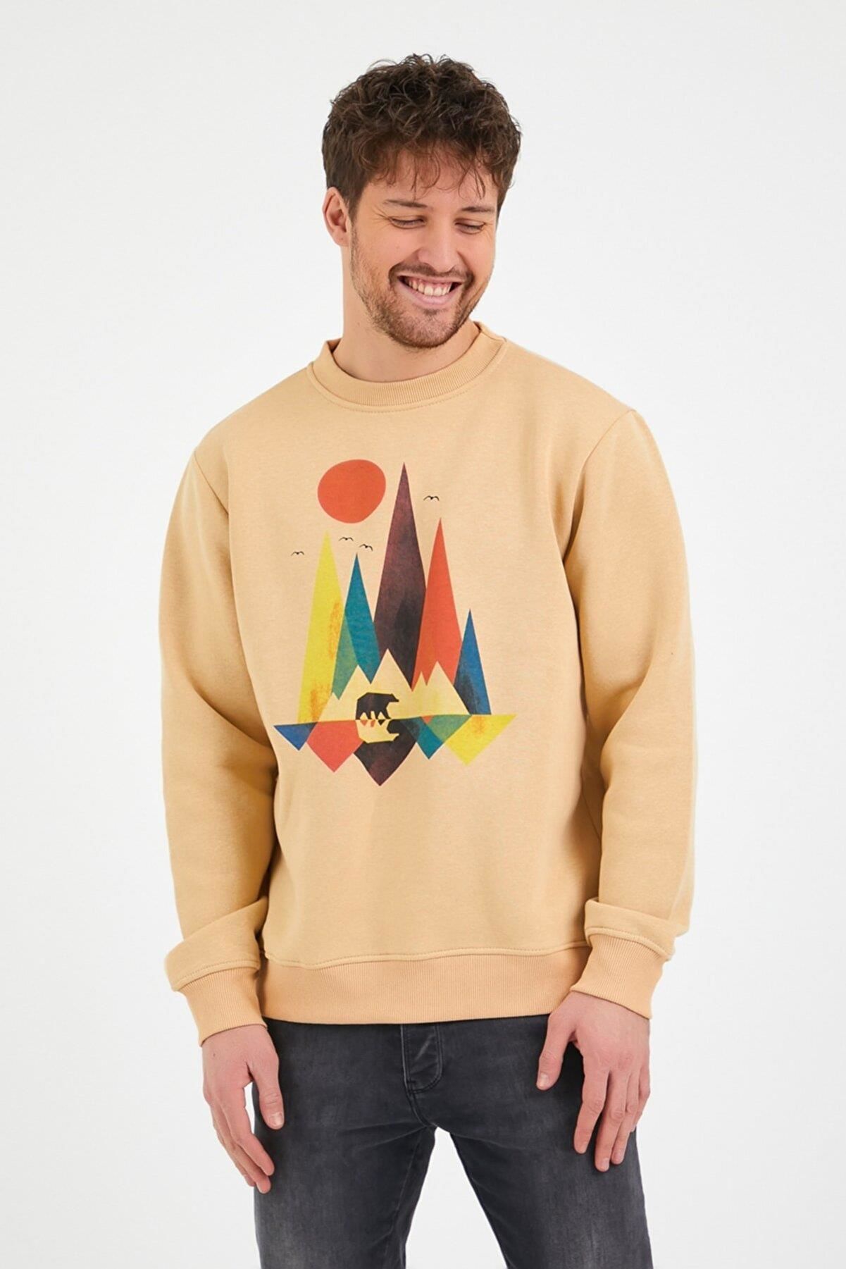 North Trace Seasonal Erkek Sweatshirt ( Doğa Baskılı ) Bej - 2XL