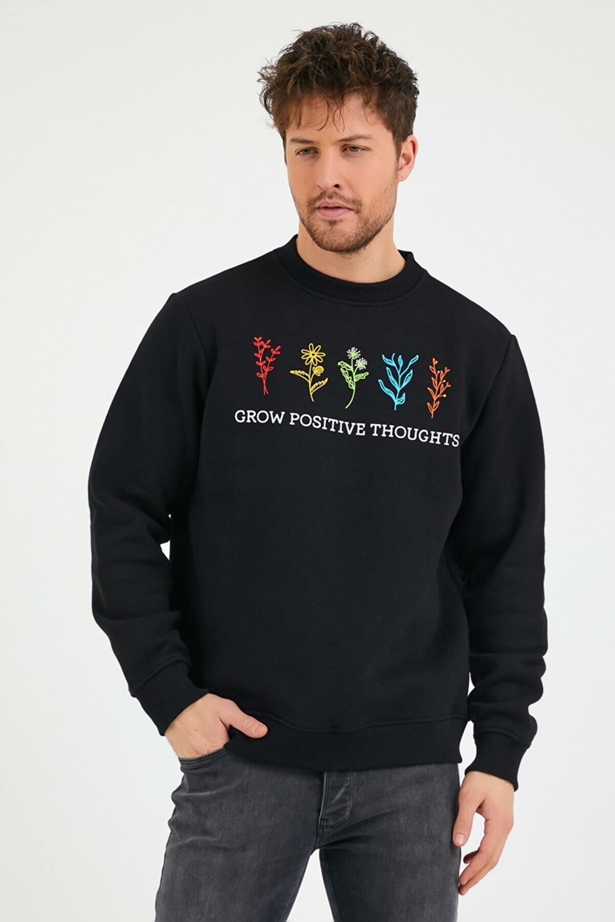 North Trace Seasonal Erkek Sweatshirt ( Çiçek Baskılı ) SİYAH - M