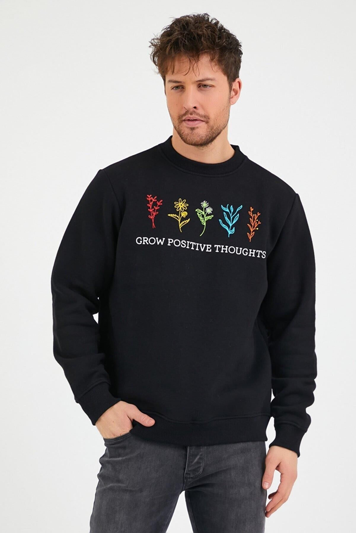 North Trace Seasonal Erkek Sweatshirt ( Çiçek Baskılı ) SİYAH - S