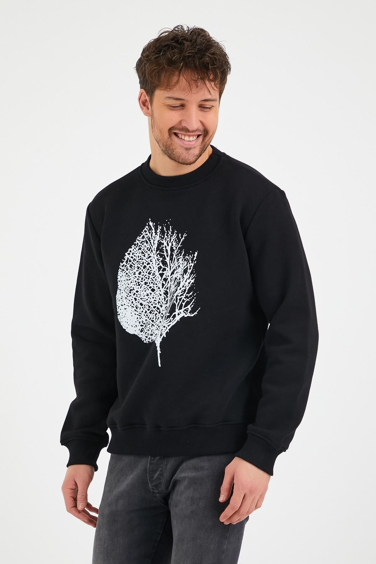 North Trace Seasonal Erkek Sweatshirt ( Yaprak Baskılı ) SİYAH - L