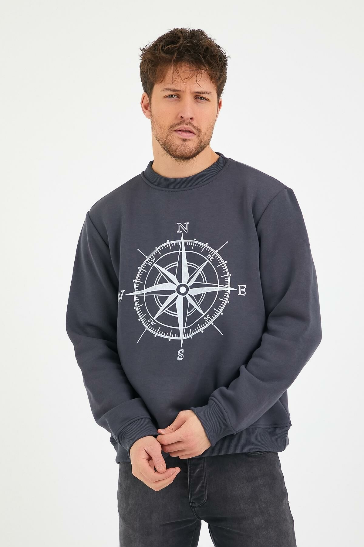 North Trace Seasonal Erkek Sweatshirt ( Pusula Baskılı ) Füme - M