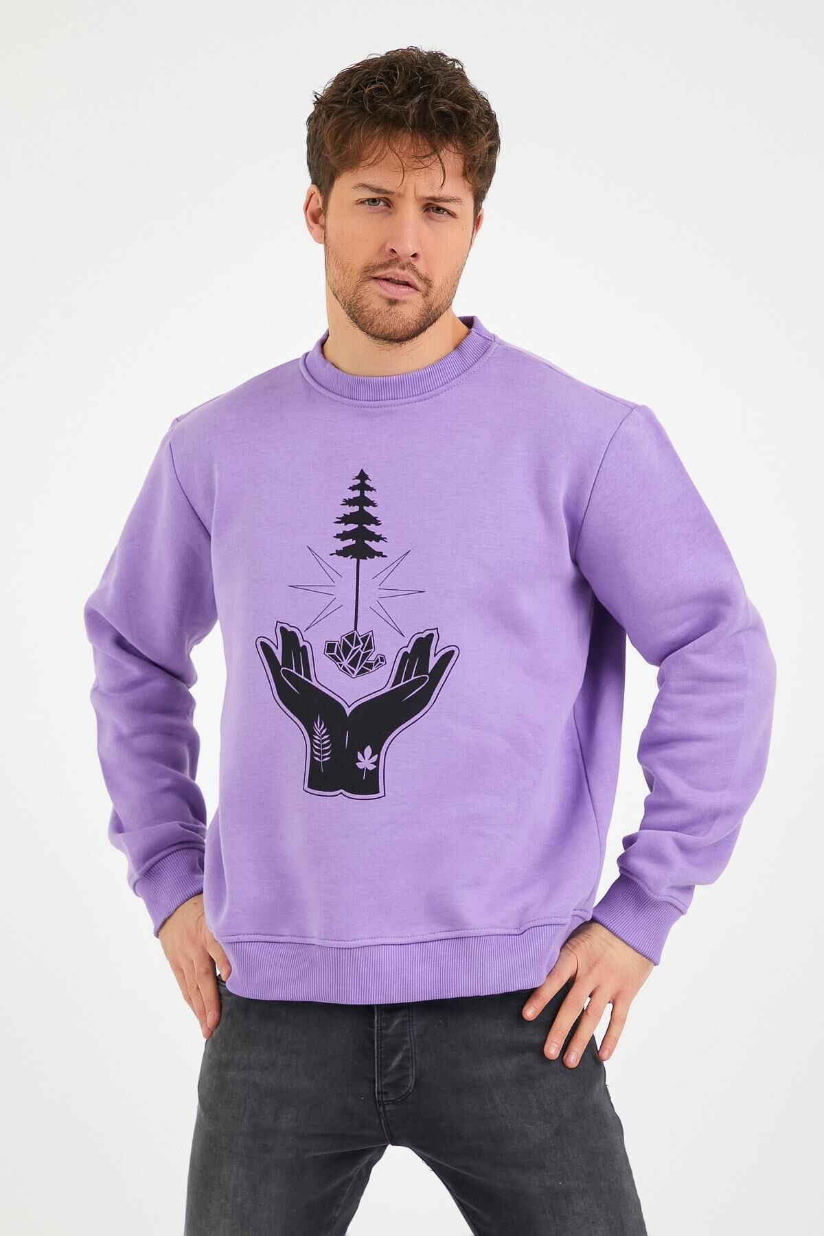 North Trace Seasonal Erkek Sweatshirt ( El-Ağaç Baskılı ) LİLA - S