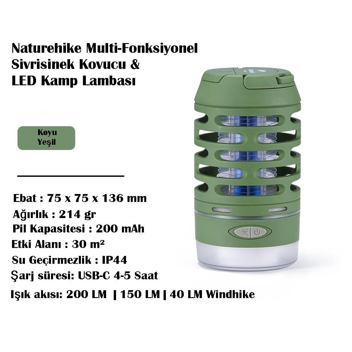 Naturehike Multi-Fonksiyonel Sivrisinek Kovucu & LED Kamp Lambası YEŞİL