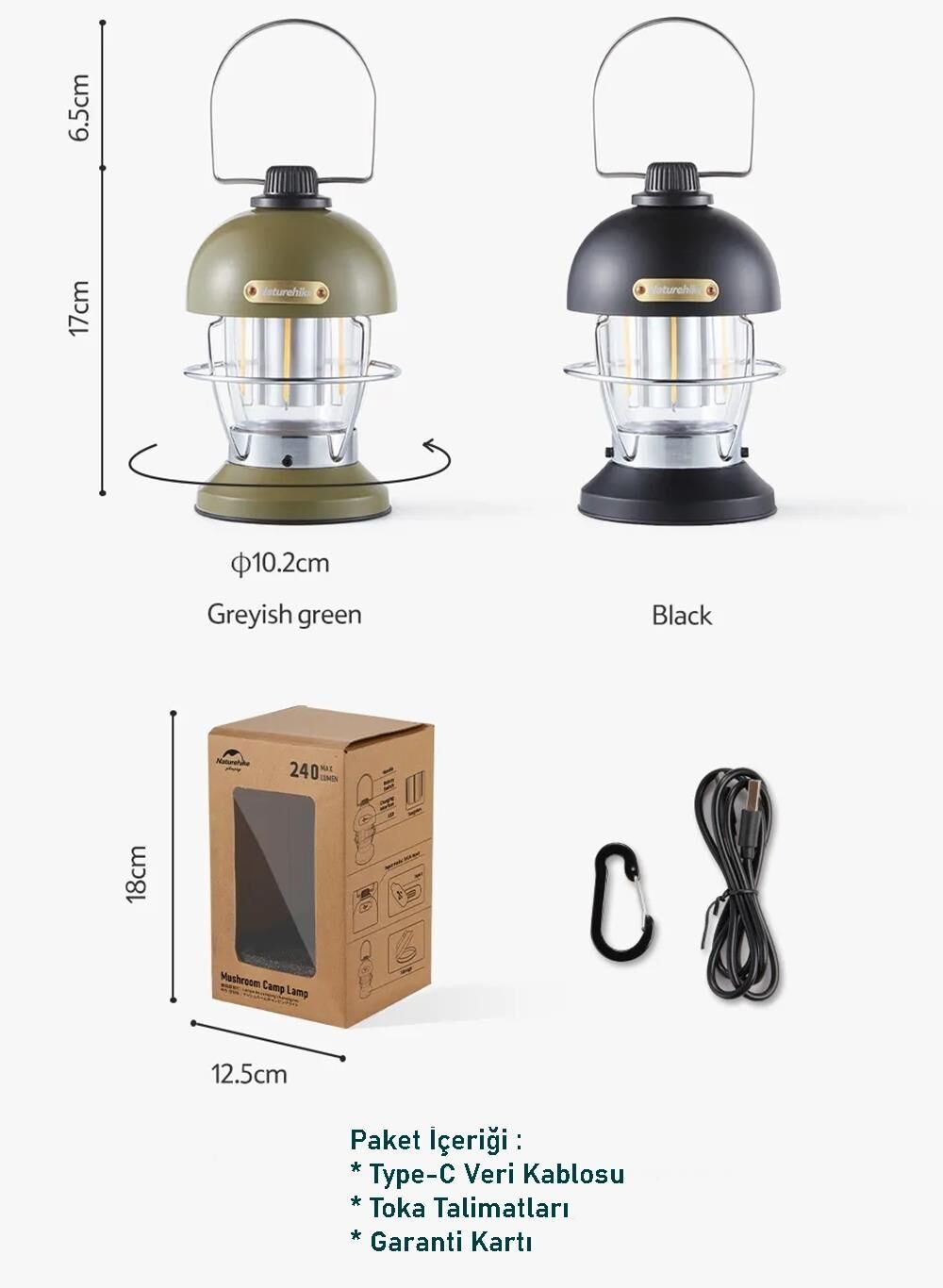 Naturehike Mushroom Glamping Kamp Lambası 350 Lümen BLACK