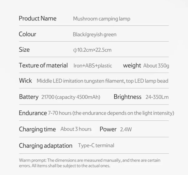 Naturehike Mushroom Glamping Kamp Lambası 350 Lümen BLACK