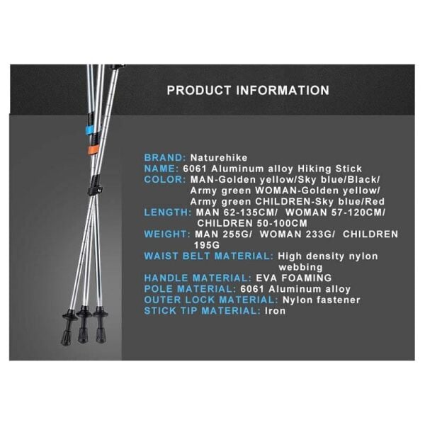 Naturehike ST01 3-Node 6061 AL Teleskopik Trekking Batonu | 62-135 cm | GOLD