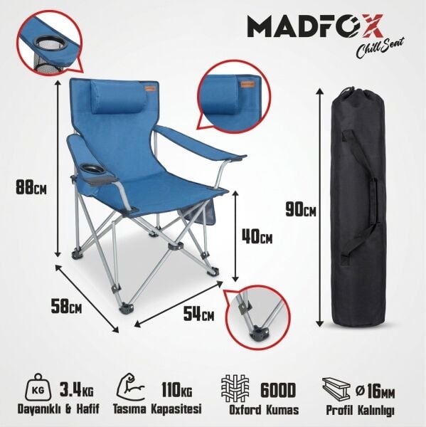 Madfox ChillSeat Yastıklı Katlanabilir Kamp Sandalyesi BLUE