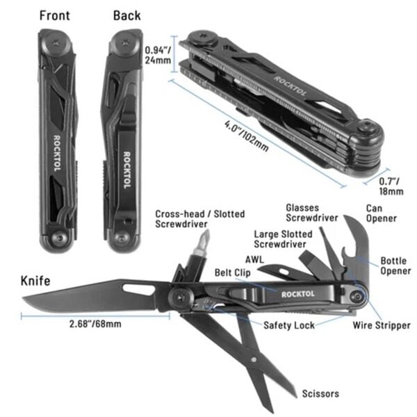 Rocktol 12 Fonksiyonlu Multi Tool Siyah Çakı (Kılıflı)