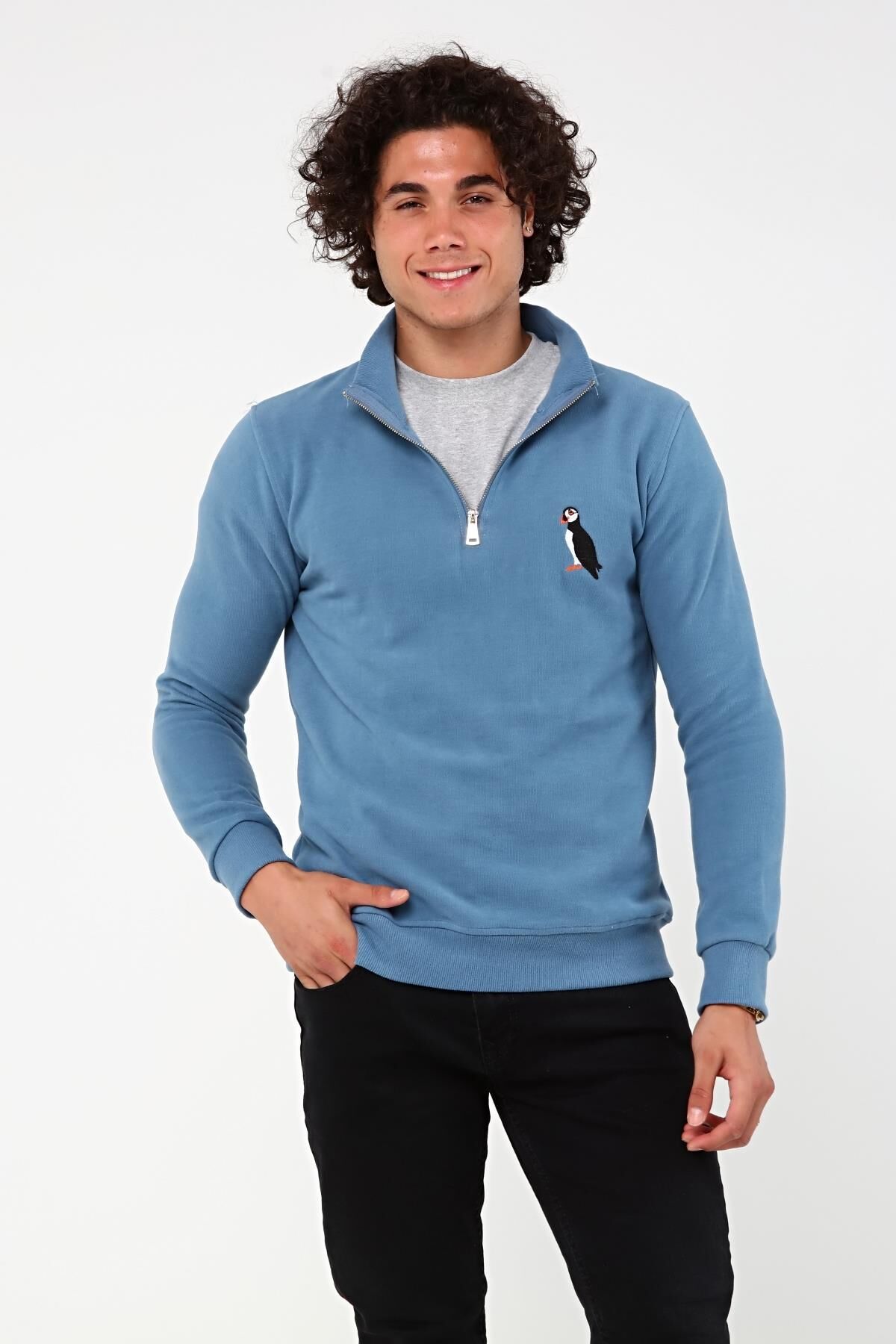 North Trace Crewline Yarım Fermuarlı Erkek Hoodie AÇIK MAVİ - XL