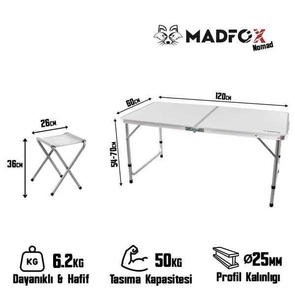 Madfox Nomad Duo Tabureli Katlanır Kamp Masası Seti BEYAZ