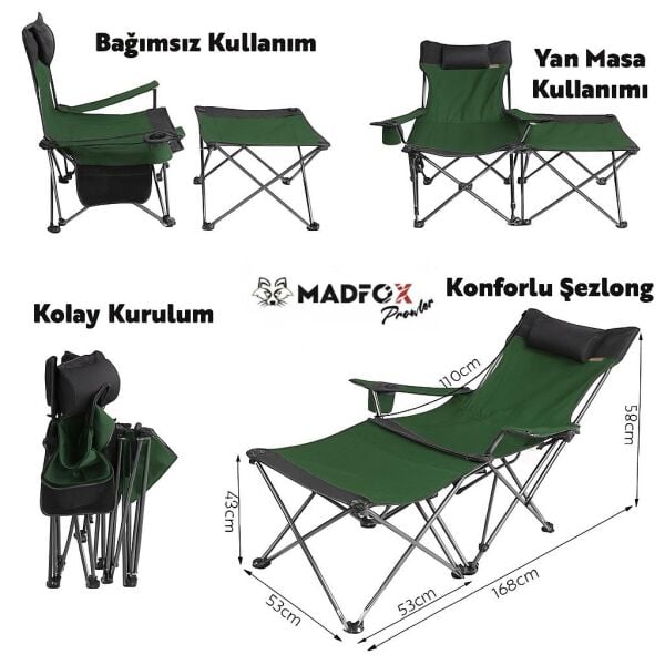 Madfox Prowler 3 Kademeli Yatabilen Kamp Sandalyesi Green/Black