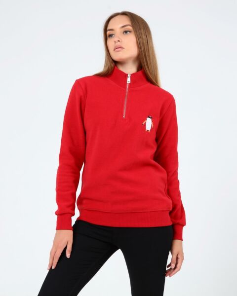 North Trace Crewline Yarım Fermuarlı Kadın Hoodie KIRMIZI - M
