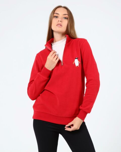North Trace Crewline Yarım Fermuarlı Kadın Hoodie KIRMIZI - M
