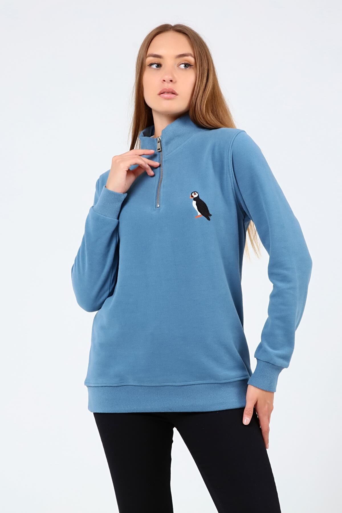 North Trace Crewline Yarım Fermuarlı Kadın Hoodie AÇIK MAVİ - L
