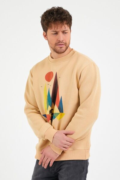 North Trace Seasonal Erkek Sweatshirt ( Doğa Baskılı ) Bej - 2XL
