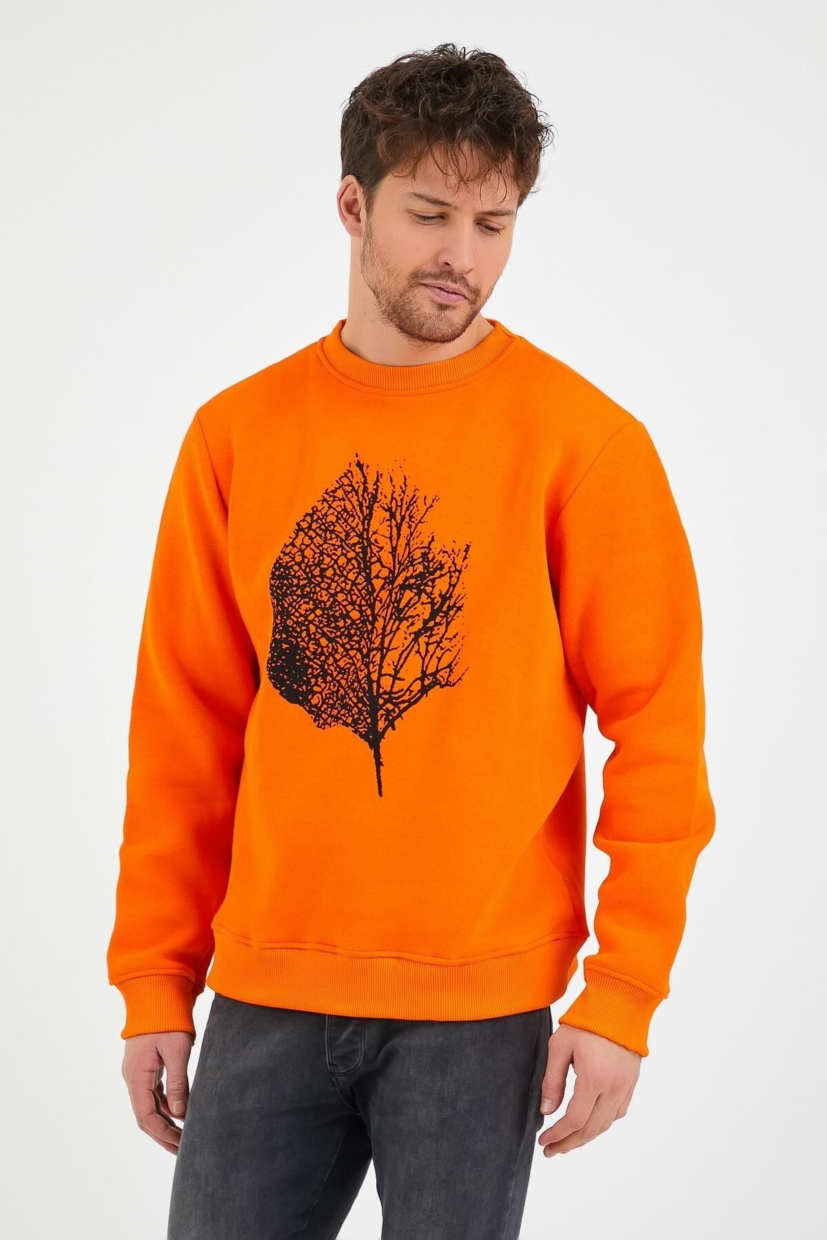 North Trace Seasonal Erkek Sweatshirt ( Yaprak Baskılı ) TURUNCU - M