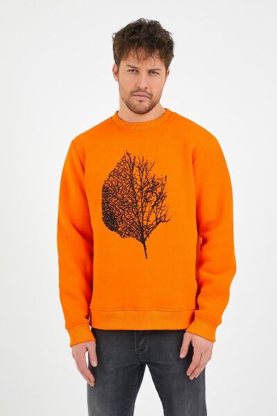 North Trace Seasonal Erkek Sweatshirt ( Yaprak Baskılı ) TURUNCU - M