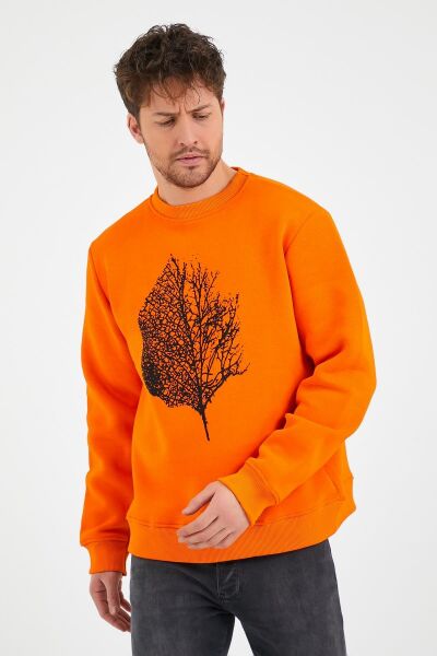 North Trace Seasonal Erkek Sweatshirt ( Yaprak Baskılı ) TURUNCU - M
