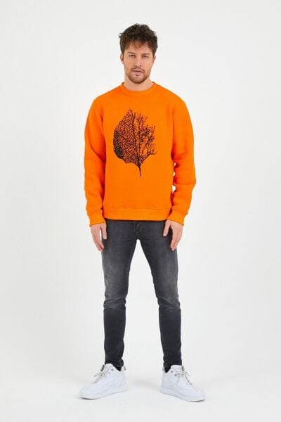 North Trace Seasonal Erkek Sweatshirt ( Yaprak Baskılı ) TURUNCU - 2XL