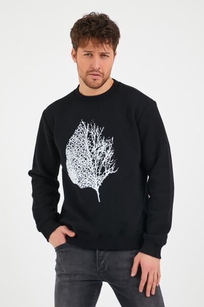 North Trace Seasonal Erkek Sweatshirt ( Yaprak Baskılı ) SİYAH - 2XL