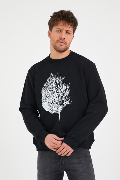 North Trace Seasonal Erkek Sweatshirt ( Yaprak Baskılı ) SİYAH - L
