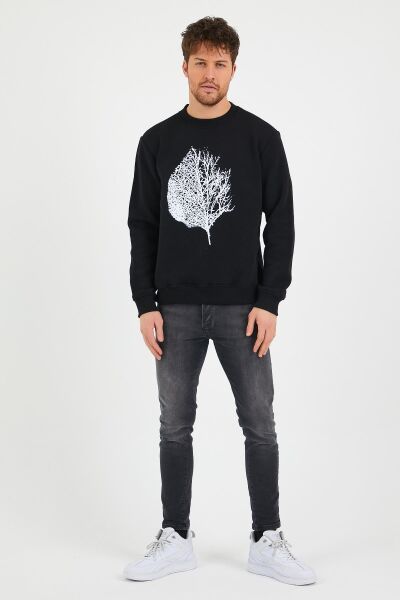 North Trace Seasonal Erkek Sweatshirt ( Yaprak Baskılı ) SİYAH - M
