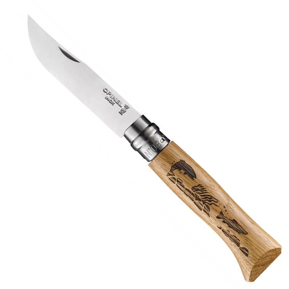Opinel Inox No 8 Meşe Saplı Balık Desenli Paslanmaz Çelik Çakı