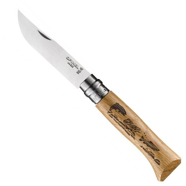 Opinel Inox No 8 Meşe Saplı Balık Desenli Paslanmaz Çelik Çakı