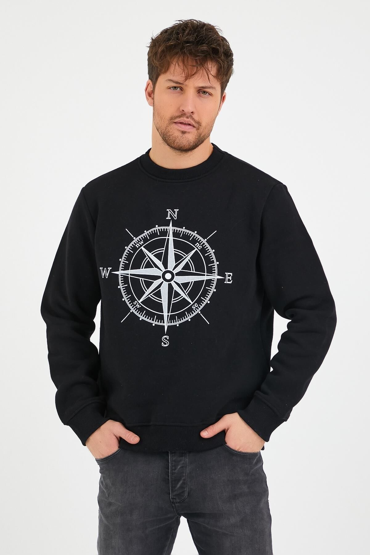 North Trace Seasonal Erkek Sweatshirt ( Pusula Baskılı ) SİYAH - S