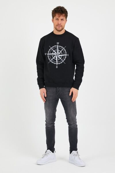 North Trace Seasonal Erkek Sweatshirt ( Pusula Baskılı ) SİYAH - XL