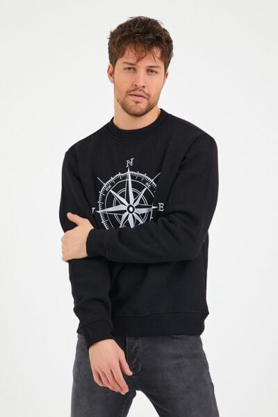 North Trace Seasonal Erkek Sweatshirt ( Pusula Baskılı ) SİYAH - XL