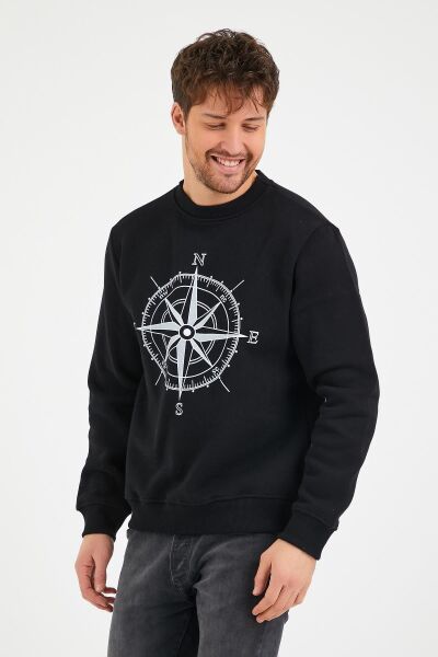 North Trace Seasonal Erkek Sweatshirt ( Pusula Baskılı ) SİYAH - XL