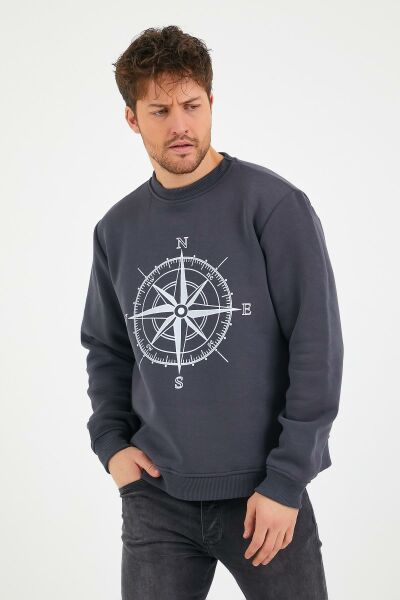 North Trace Seasonal Erkek Sweatshirt ( Pusula Baskılı ) Füme - M