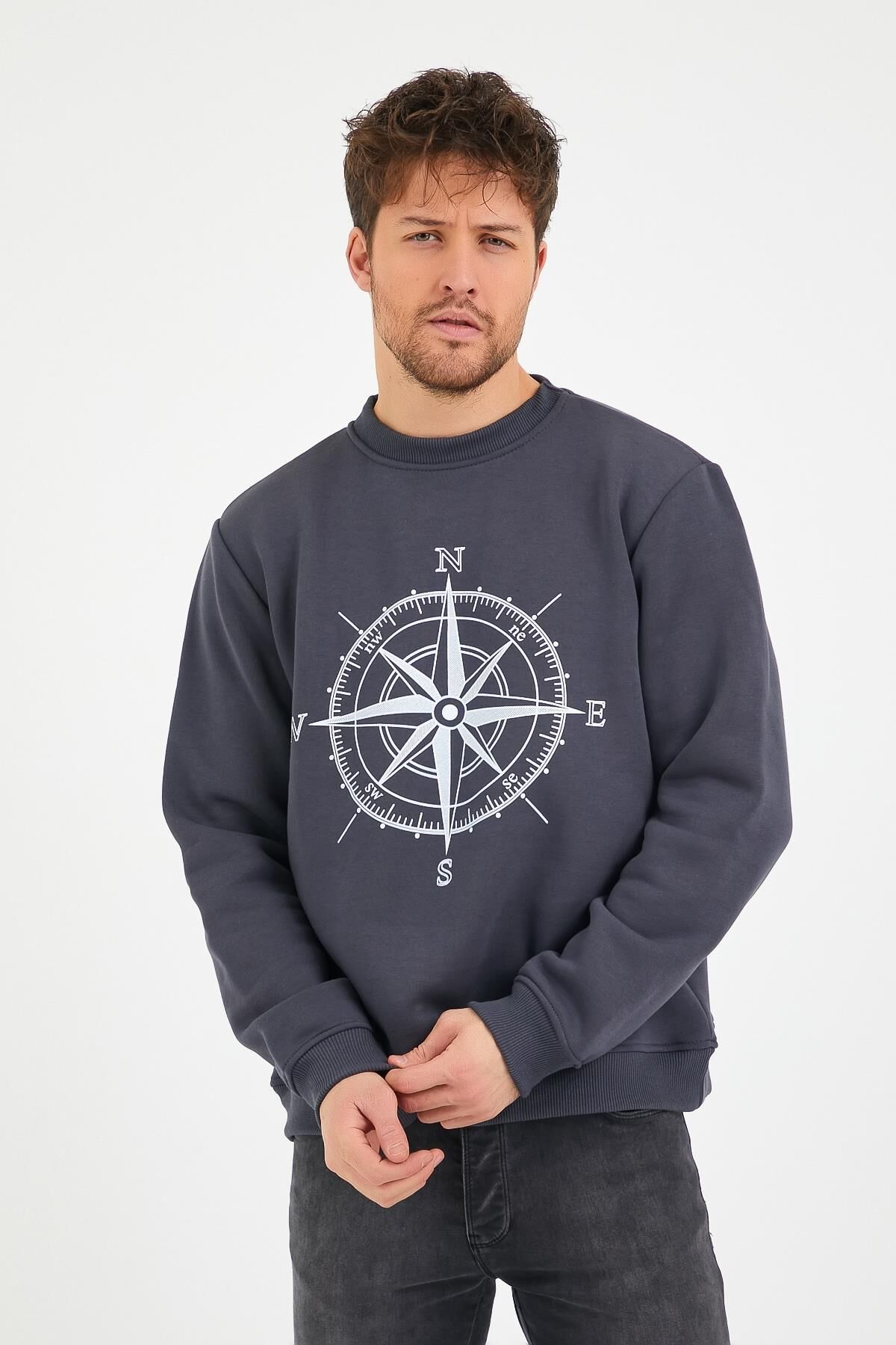 North Trace Seasonal Erkek Sweatshirt ( Pusula Baskılı ) Füme - S