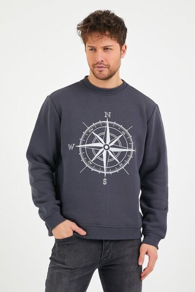 North Trace Seasonal Erkek Sweatshirt ( Pusula Baskılı ) Füme - S