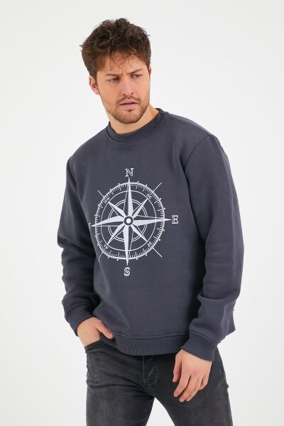 North Trace Seasonal Erkek Sweatshirt ( Pusula Baskılı ) Füme - S