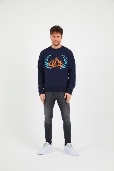 North Trace Seasonal Erkek Sweatshirt ( Dağ Baskılı ) LACİVERT - 2XL