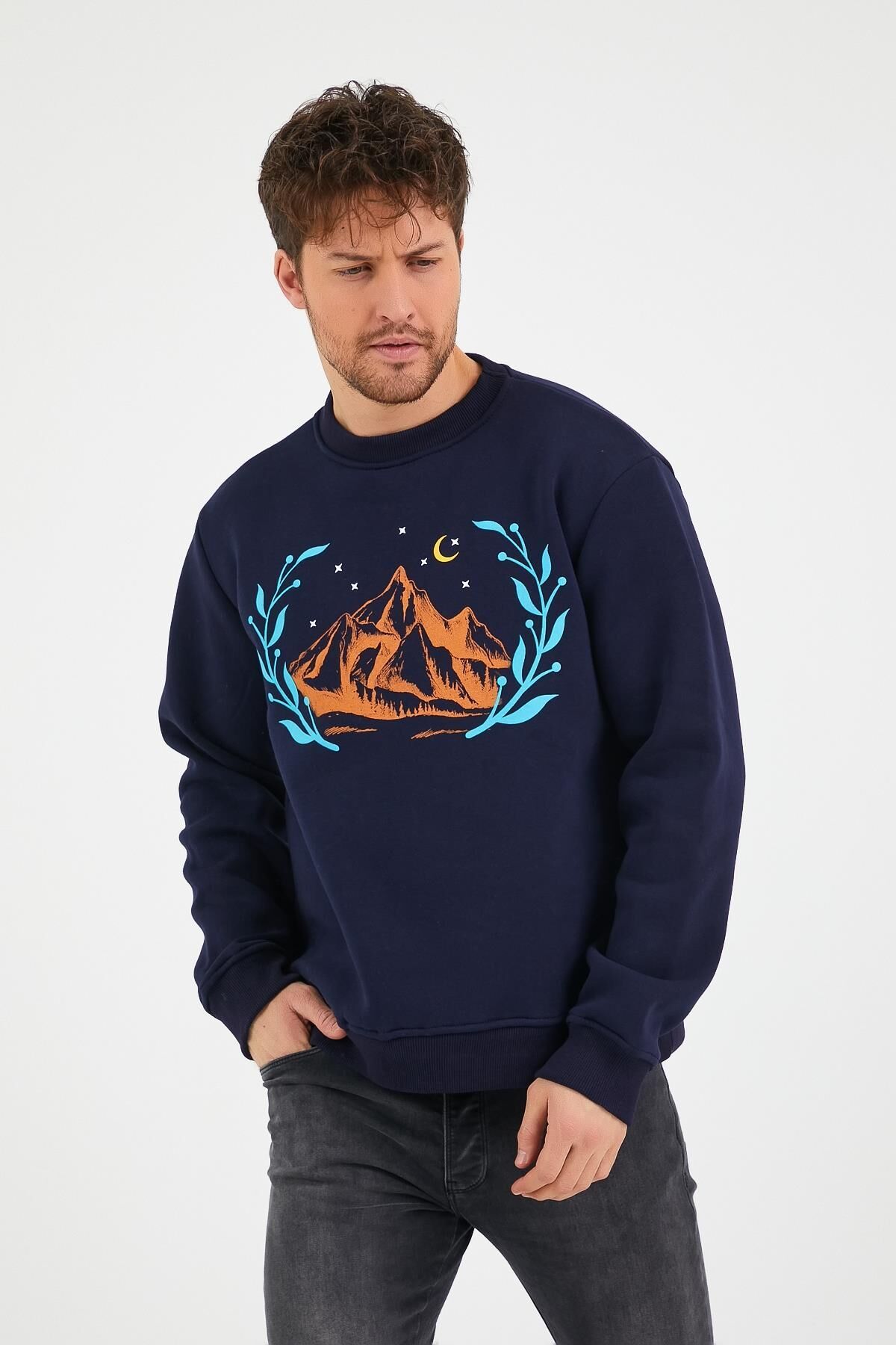 North Trace Seasonal Erkek Sweatshirt ( Dağ Baskılı ) LACİVERT - L