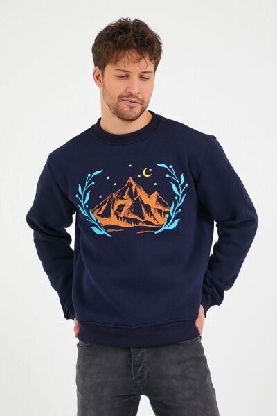 North Trace Seasonal Erkek Sweatshirt ( Dağ Baskılı ) LACİVERT - L