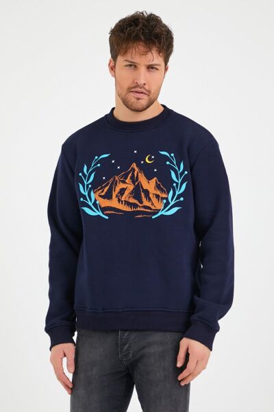 North Trace Seasonal Erkek Sweatshirt ( Dağ Baskılı ) LACİVERT - XL