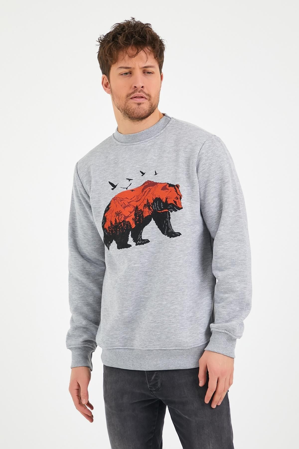 North Trace Seasonal Erkek Sweatshirt ( Ayı Baskılı ) GRİ - M