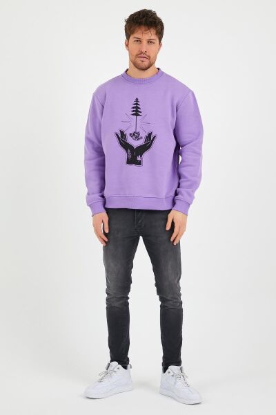 North Trace Seasonal Erkek Sweatshirt ( El-Ağaç Baskılı ) LİLA - L