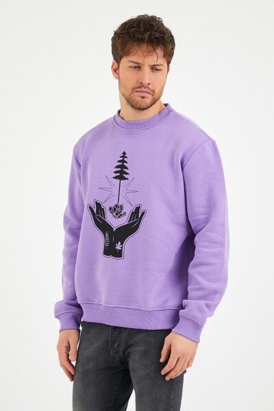 North Trace Seasonal Erkek Sweatshirt ( El-Ağaç Baskılı ) LİLA - L