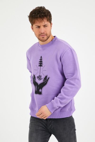 North Trace Seasonal Erkek Sweatshirt ( El-Ağaç Baskılı ) LİLA - L