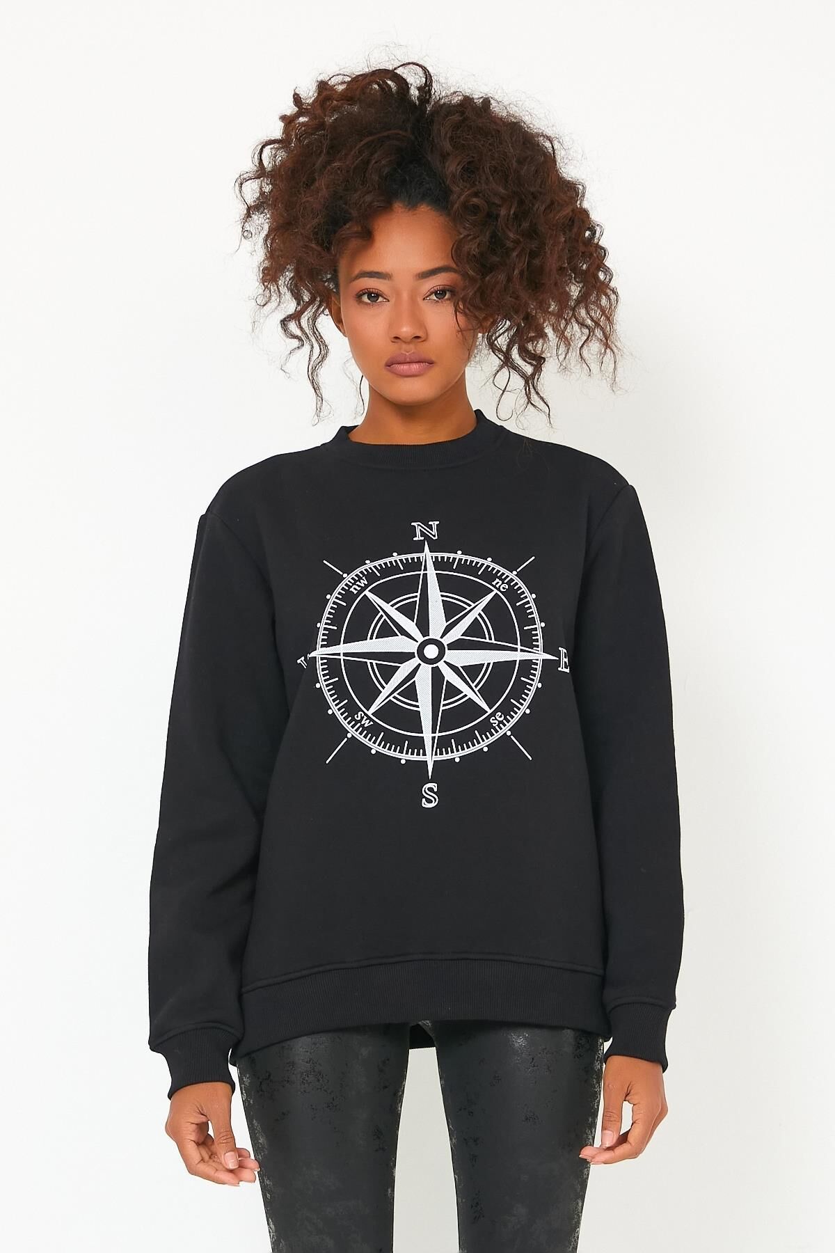 North Trace Seasonal Kadın Sweatshirt ( Pusula Baskılı ) SİYAH - 2XL
