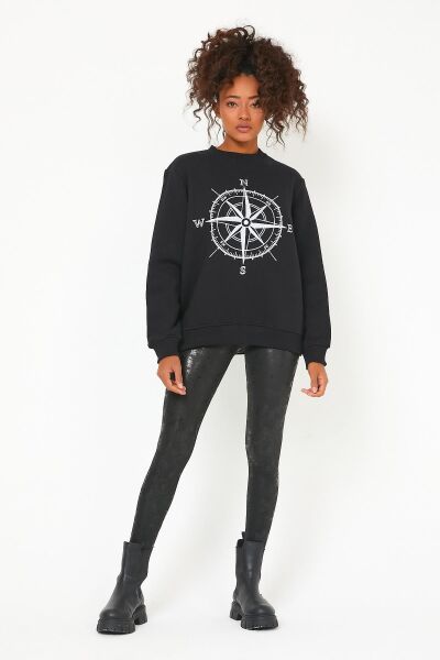 North Trace Seasonal Kadın Sweatshirt ( Pusula Baskılı ) SİYAH - 2XL