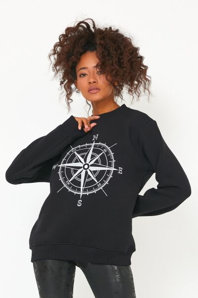 North Trace Seasonal Kadın Sweatshirt ( Pusula Baskılı ) SİYAH - 2XL