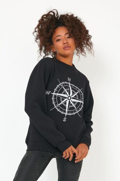 North Trace Seasonal Kadın Sweatshirt ( Pusula Baskılı ) SİYAH - 2XL