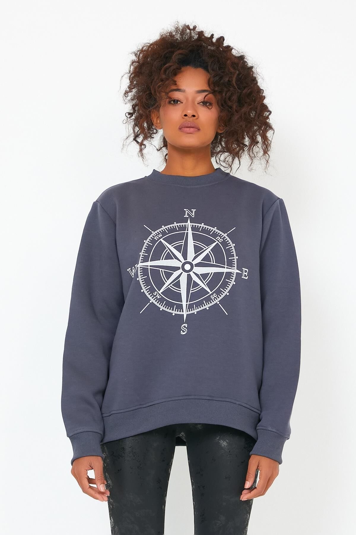 North Trace Seasonal Kadın Sweatshirt ( Pusula Baskılı ) Füme - 2XL
