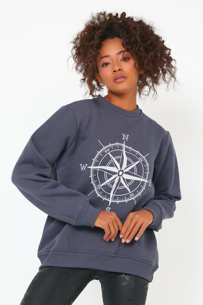 North Trace Seasonal Kadın Sweatshirt ( Pusula Baskılı ) Füme - 2XL